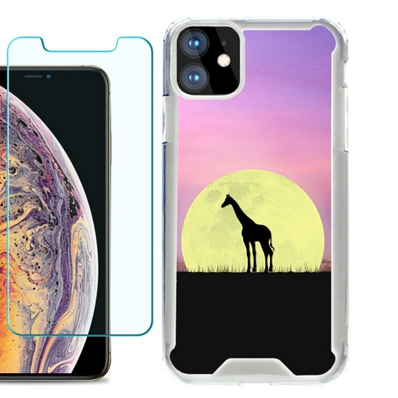 For Apple iPhone 11 Case, Hybrid Bumper Phone Case, with Tempered Glass Screen Protector, by OneToughShield ® - Moonlight Giraffe