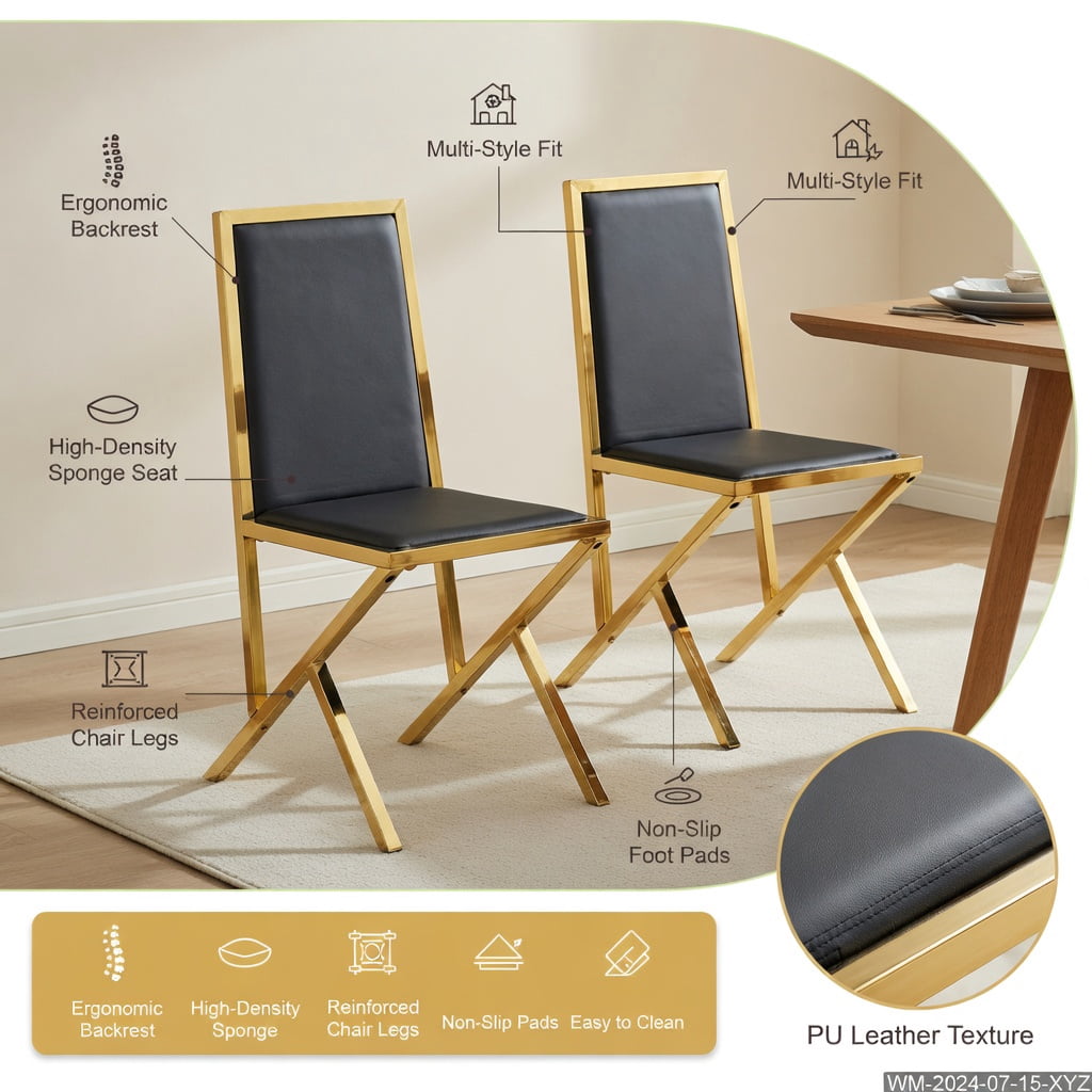 Hommoo 4-Pack PU Leather Dining Chairs with Metal Frame, Ergonomic Modern Design, Easy Assembly & Adjustable Non-Slip Feet, Black & Gold