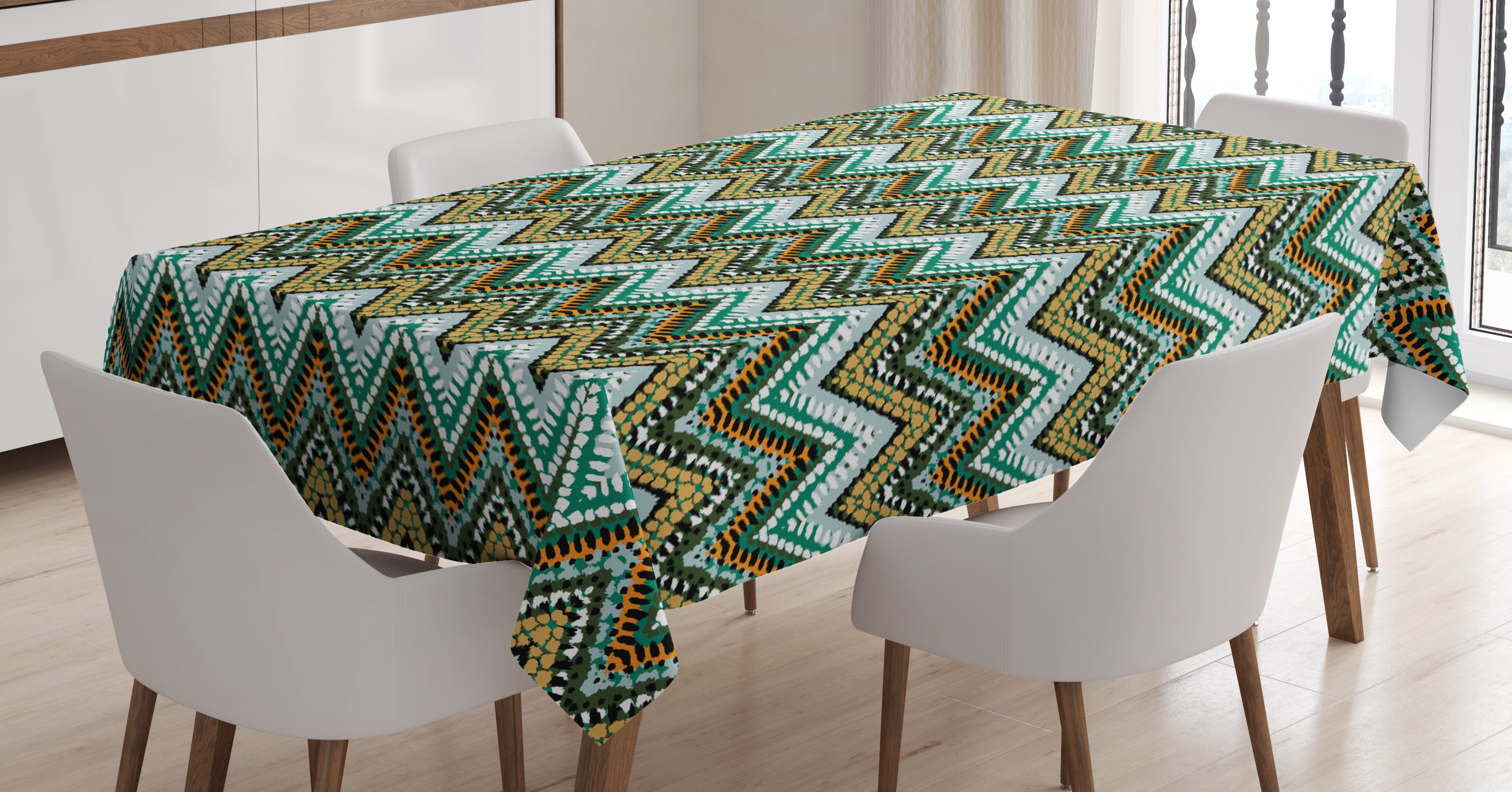 Ethnic Tablecloth, Striped Boho Pattern Tribal Motifs Zigzag Lines