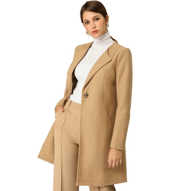 Abrigo Largo de Invierno de Negocios Minimalista Sin Cuello para Mujer Caqui XS
