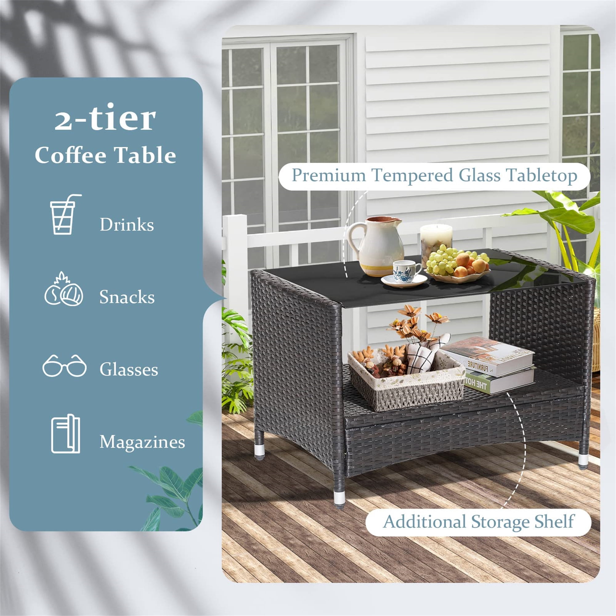 Aukfa 4 Piece Rattan Outdoor Patio Conversation Sofa Set with Table & Cushions, Beige