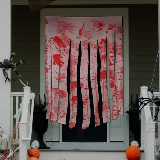 Cortina de Halloween con manchas de sangre | Cortinas de gasa roja espeluznantes para puertas y ventanas de 99 x 165 cm | Tela reutilizable con huella de mano manchada | Decoración para fiestas de