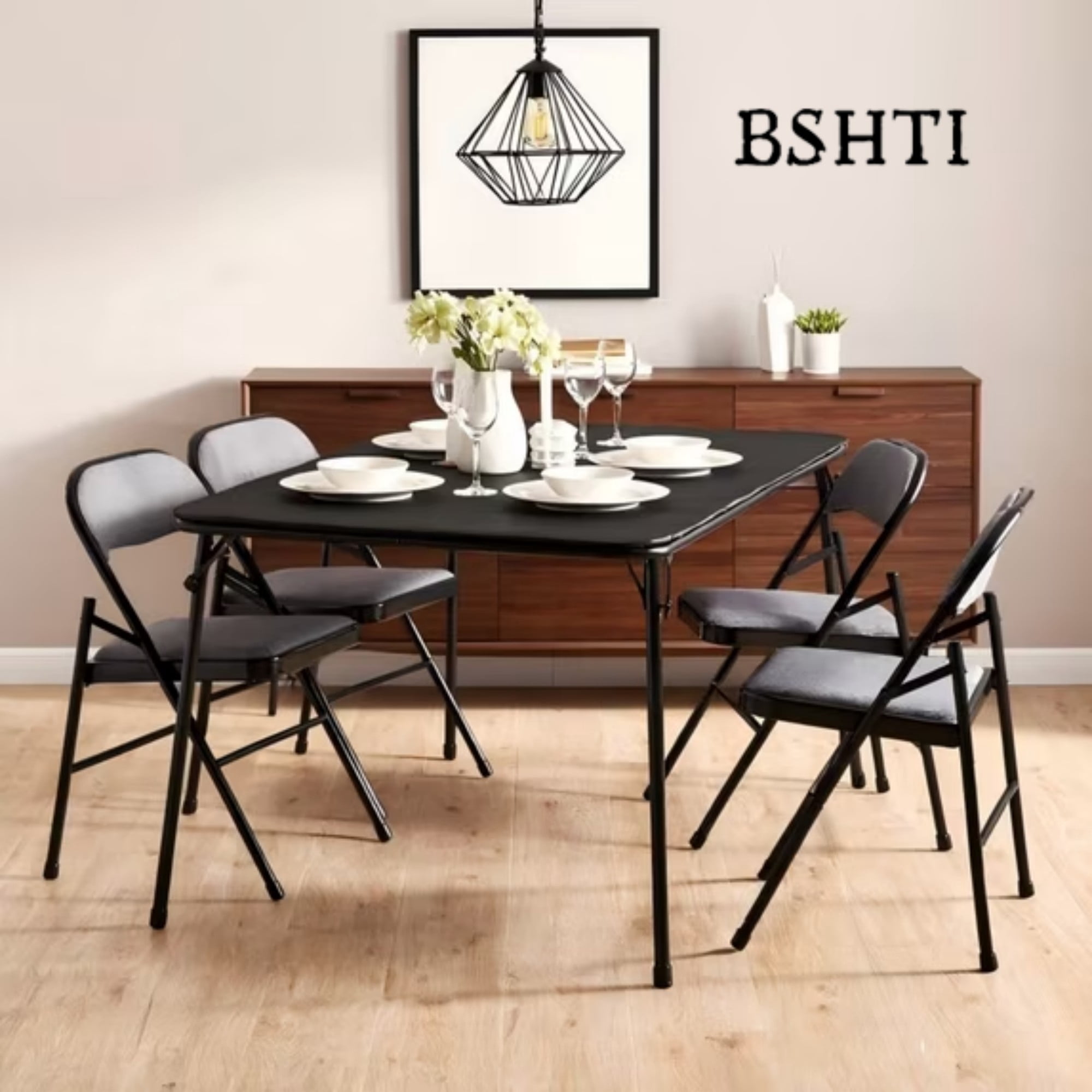 BSHTI 32" Square Folding Table – No Assembly Portable Card Table, PVC Top with Metal Frame, Indoor Outdoor Use for Dining Room, Living Room, Office & Camping, Black