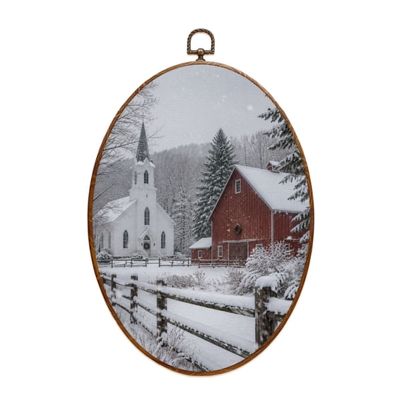 Canvas Wall Art Snow Scene Red Christmas Barn Christmas Tree Winter Farm Barn Rustic Oval Framed Canvas Prints Vintage Wall Hanging Decor for Home Decorations 8.6"x11.4"