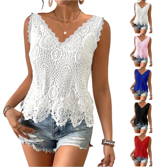 Lace Tops for Women Sleeveless V Neck Tank Tops Summer Lightweight Vacation Blouses Floral Print Hollow Out Crochet Loose Fit Casual Top