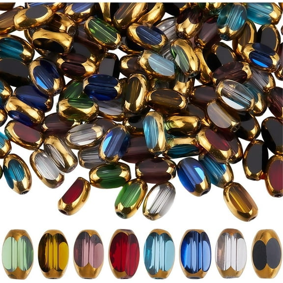 1 Box 160Pcs 8 Colors Faceted Glass Bead Rice Shaped Beads Bulk Colorful Golden Edge Electroplate Oval Barrel Loose Spacer Bead for Jewelry Making Necklaces Bracelets DIY Crafts colorful DIY