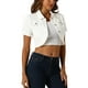 thumbnail image 1 of Chaqueta de mezclilla recortada de mujer con cuello de solapa y mangas cortas, lavada, blanca, talla M, 1 of 6