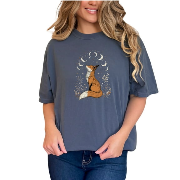 Fox Moon Phases T-Shirt, Mystical Animal Tee, Nature Lover Gift, Celestial Fox Art Apparel, Woodland Creature Shirt, Unique Design Top, Denim Comfort Colors T-Shirt, Small