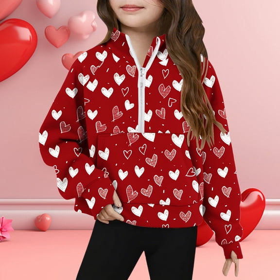 Girls' Valentine's Day Half Zip Pullover Sweatshirt, Red Heart Print with Thumbhole Cuffs & Kangaroo Pocket, Soft Stretchy Kids Top for Tweens,Size 9 T