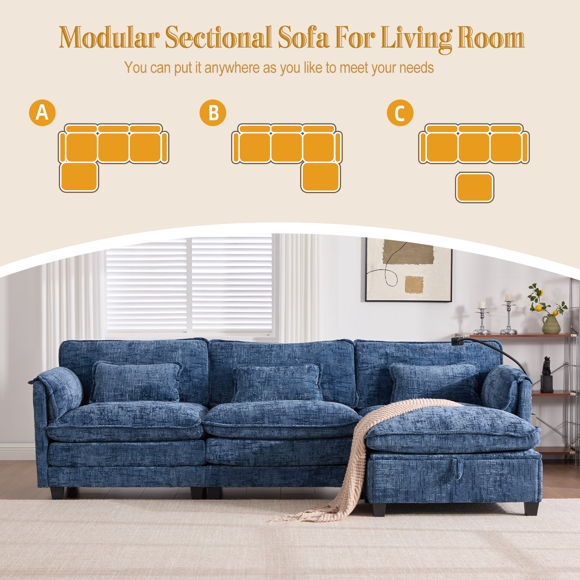 MOONMISS Chenille Upholstered L-shaped Modular Sectional Sleeper Sofa with Movable Storage Ottoman,USB&TYPE-C-Navy Blue