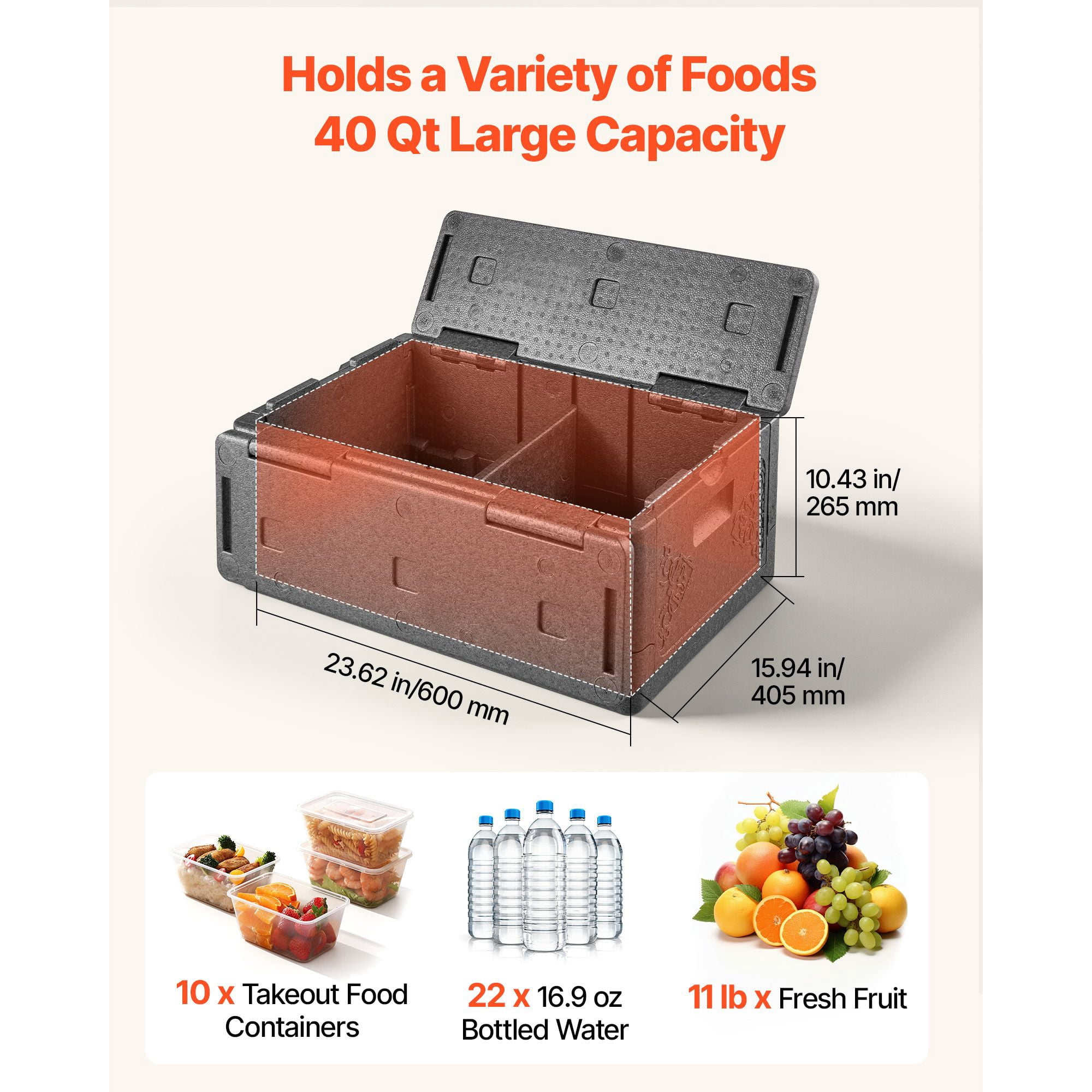 Insulated Food Carrier 40 Qt Non-Electric Thermal Box EPP Outer Shell 4-Hour Hot/Cold Temperature for Delivery Catering BBQ Camping