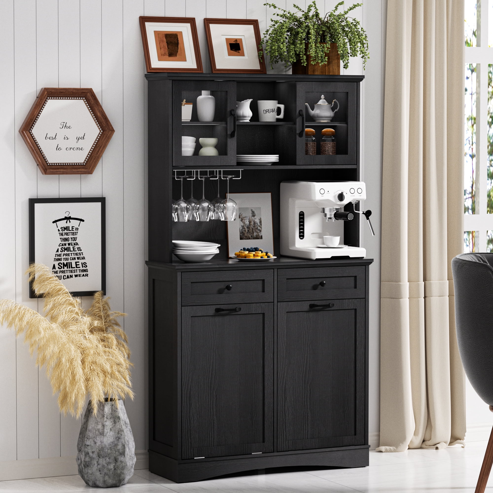 HARIPUL 2-in-1 Kitchen Trash Cabinet & Pantry Cabinet, 13 Gallon Garbage Can, Freestanding Tilt Out Storage Cabinet w/ Shelves for Kitchen & Living Room, Black