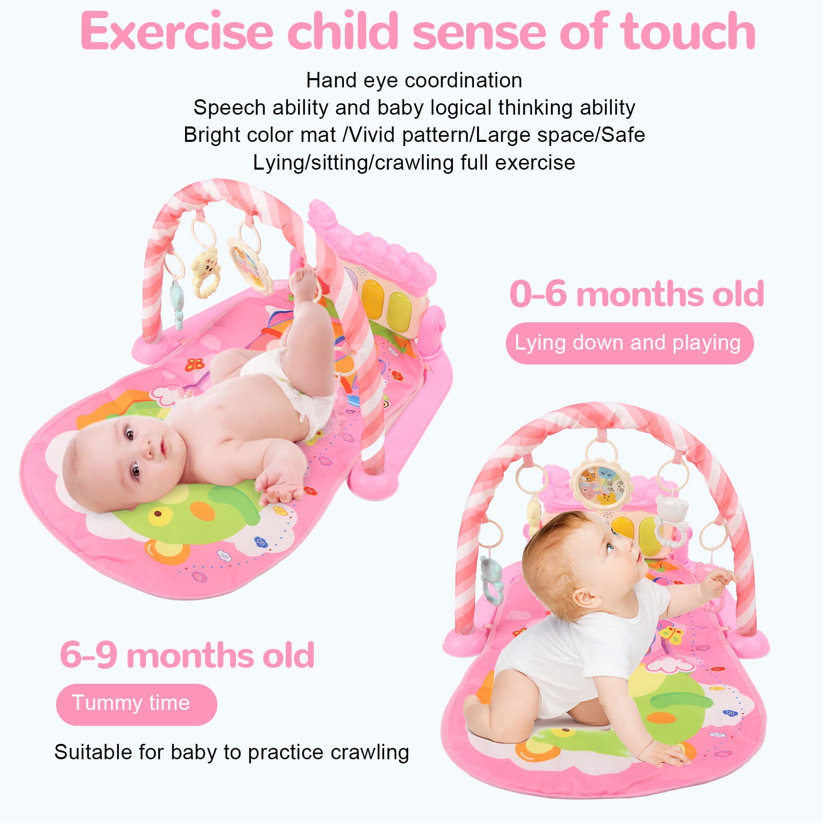 Riousery Toddler Infants Pink Cartoon Hot Air Balloon Animal Pattern Musical Light Gym Mat Baby Kick Piano Mat