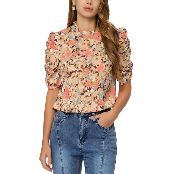 INSPIRE CHIC Women's Floral Ruffle Mock Neck Puff Half Sleeves Chiffon Top Pink XS