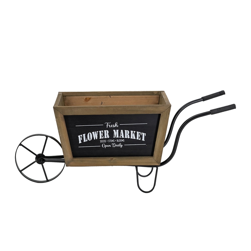 Farmhouse Flower Market Wheelbarrow Planter 19.5x8x8.5 Inch Black Metal Frame for Tabletop Kitchen Counter