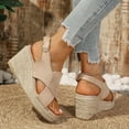 thumbnail image 5 of Htigea Women's Espadrille Sandals Low Wedge Platform Open Toe Slingback Ankle Strap Criss Cross Slip On Summer Shoes Khaki 5.5, 5 of 7