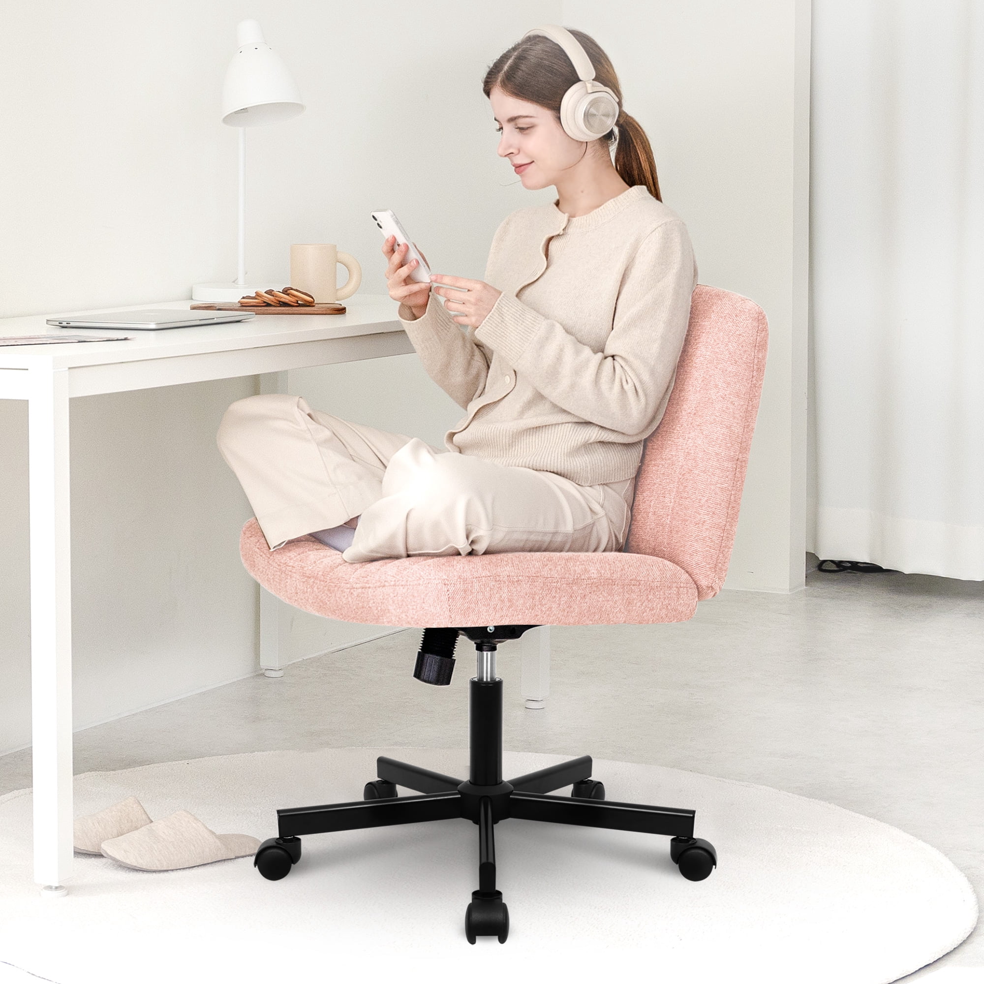 Orange Factory Criss Cross Chair Wheels Wide Cross Legged Office Desk Vanity Chair Comfy Fabric Armless Adjustable Swivel for Home Computer Task (Pink Wheel, Fabric)