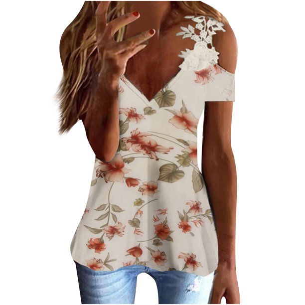 Mujeres Casual Adelgazante Draw Back Impreso Manga corta Cuello en V Encaje Hombro frío Tops OAVQHLG3B Store lin121212