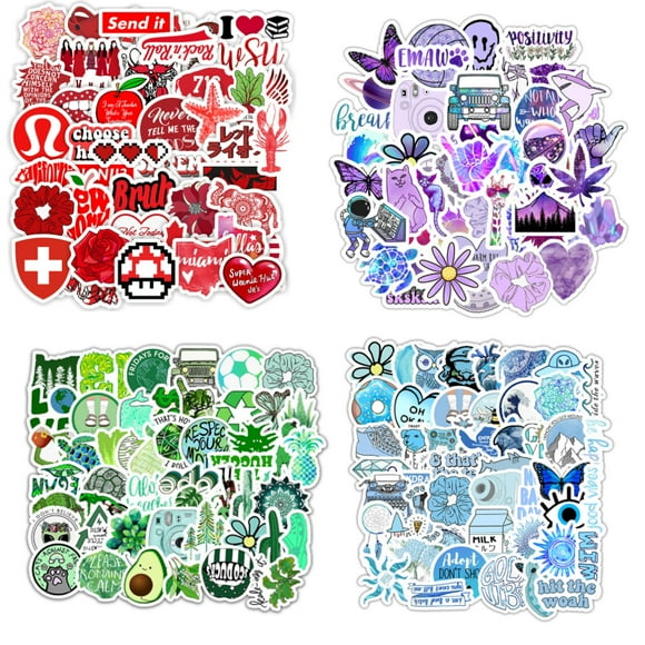 200 Mixed Sticker Pack,Cute Aesthetic Scrapbook Labels Stickers Colorful Decals Stickers for Water Bottles, Laptop, Phone, MacBook, iPad,Skateboard (Pink, Purple, Green and Blue)