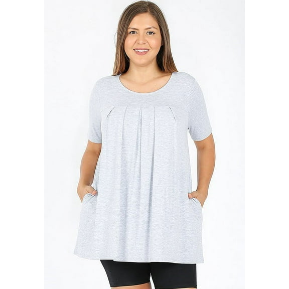 PLUS SIZE SHORT SLEEVE FRONT PLEATED TUNIC VARIOUS COLORS