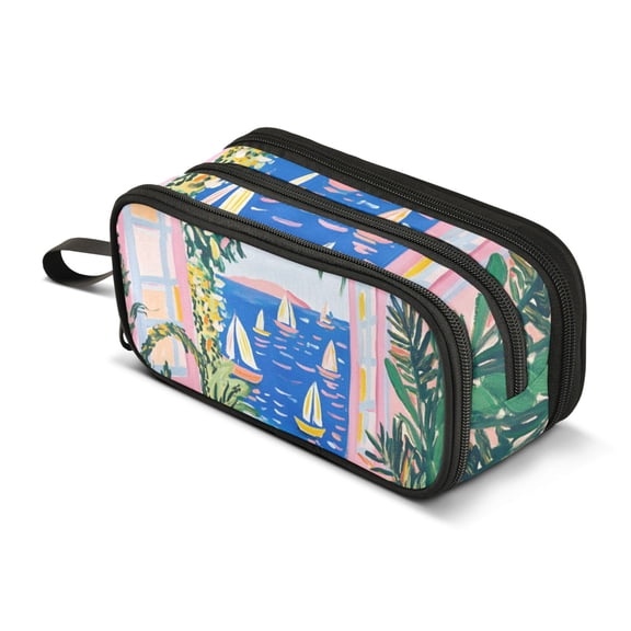 FORMRS Pencil Case with 3 Compartments Zipper Pouch, Elementary School Level and up, Yellow Seaside