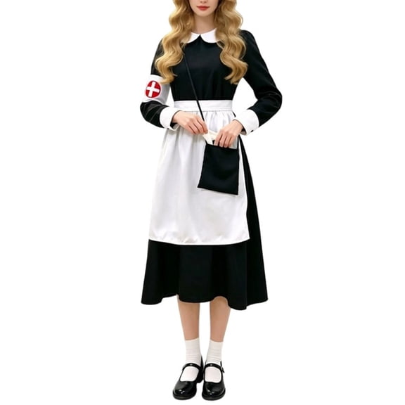 LEKWK Florence Nightingale Costume Women Retro Nurse Uniform Cosplay Dress with Accessories Dress, Apron, Headband, Bag & Cross Patch Halloween Costume
