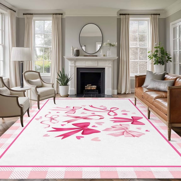 Area Rug for Living Room, Valentine's Day Non-Slip Indoor Large Carpet for Bedroom/Dining Room, Pink Bows Romantic Love Heart Checkered Washable Low-Profile Rectangle Floor Runner Rugs - 6 x 9 Ft