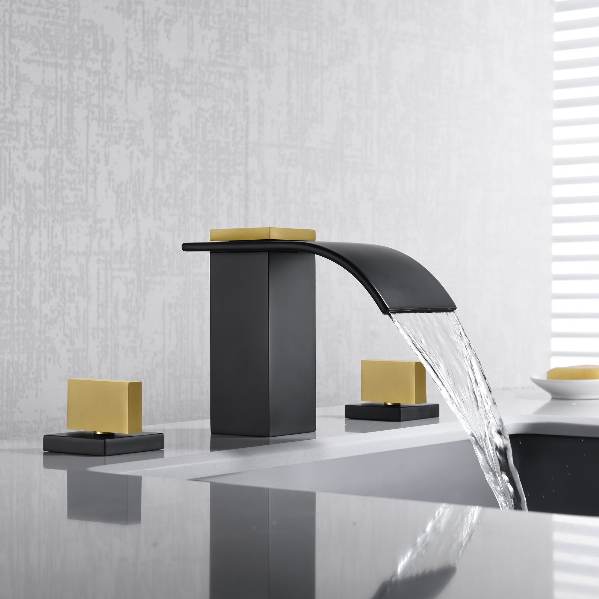 SUMERAIN Widespread Bathroom Faucet 8" 3 Hole Waterfall Basin Faucet, Black and Gold Finish