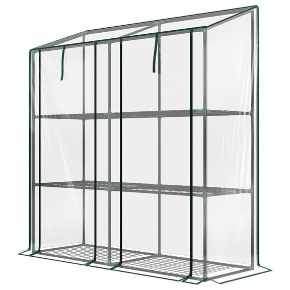 Lean-to Greenhouse with 3 Tier Shelves 2 Roll-Up Zippered Doors 56.3 x 18.1 x 59.4 Inches Clear Portable
