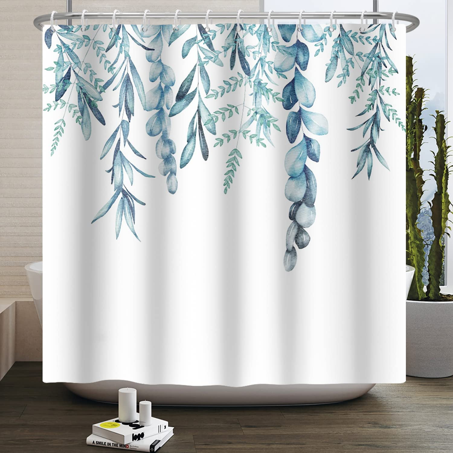 Extra Long Shower Curtain, Blue Eucalyptus Shower Curtain, Fabric Leaf