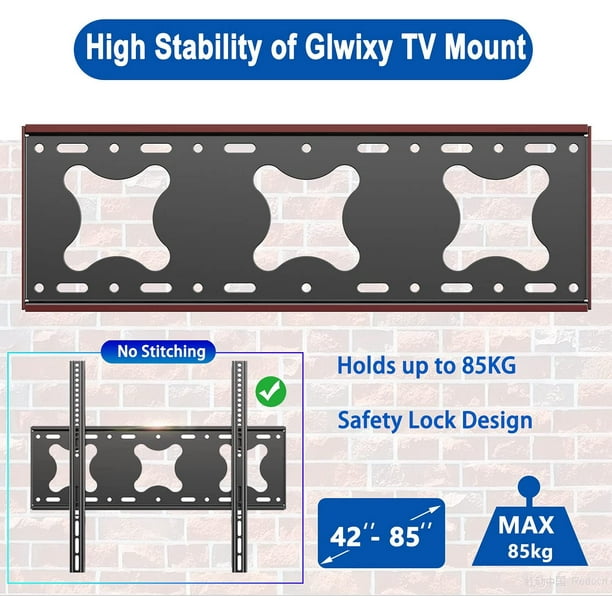 GLWIXY Support de montage mural fixe pour téléviseurs LCD O de 42 à 85  pouces, support mural ultra fin pour montants en bois de 16 18 24 , 