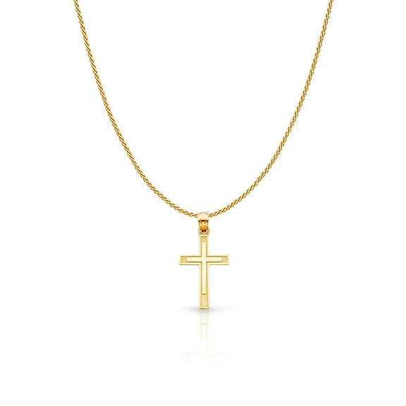 14K Yellow Gold Cross Charm Pendant with 0.9mm Wheat Chain Necklace - 24"