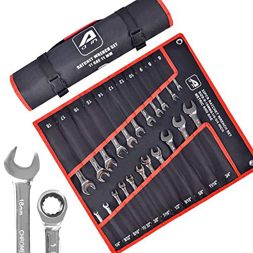 Aain A22PC 22-Piece Ratcheting Wrench Set SAE & Metric 12-Point 72 