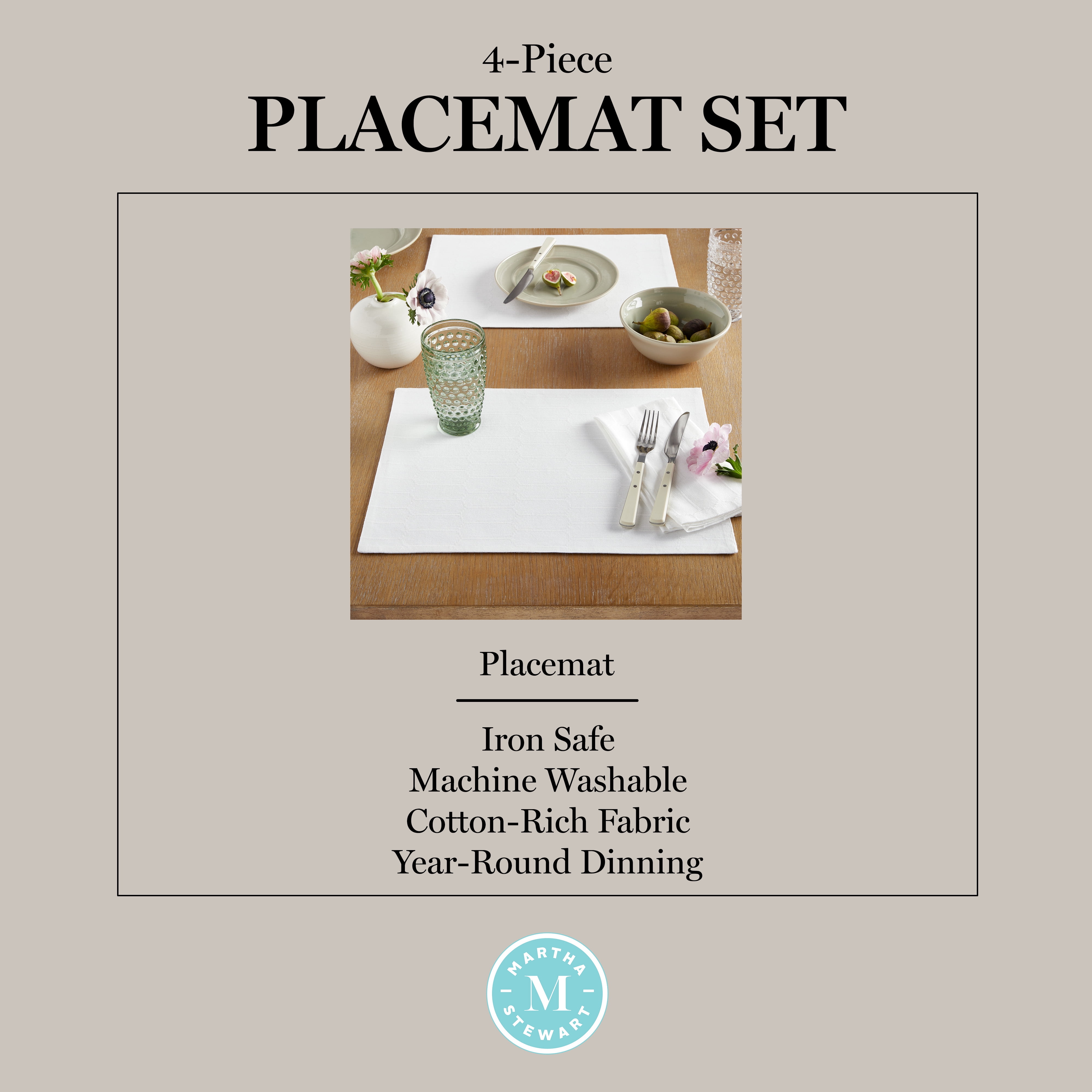 Martha Stewart Honeycomb Modern Farmhouse Reversible Fabric Placemat 4-Pack Set, White, 13"x17.5"