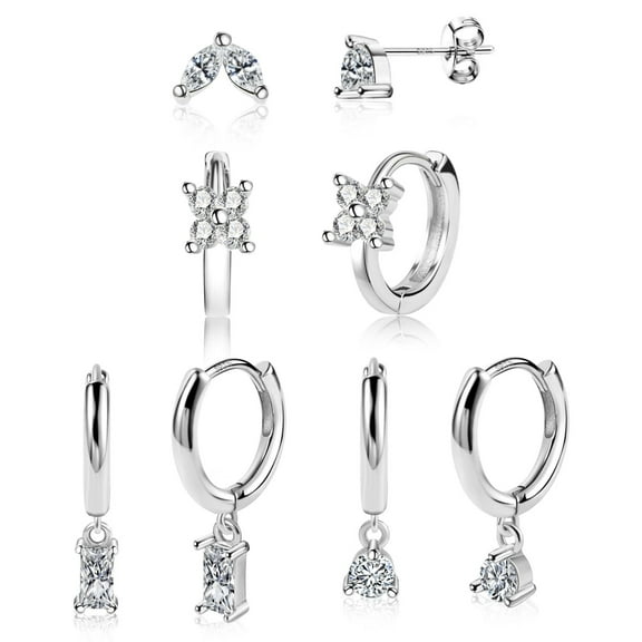 Lancharmed Silver Plated Stud Earrings for Womens,Flower Three Claw Round Zircon Four Claw Rectangular Zircon Pendant Earring Sister Gifts