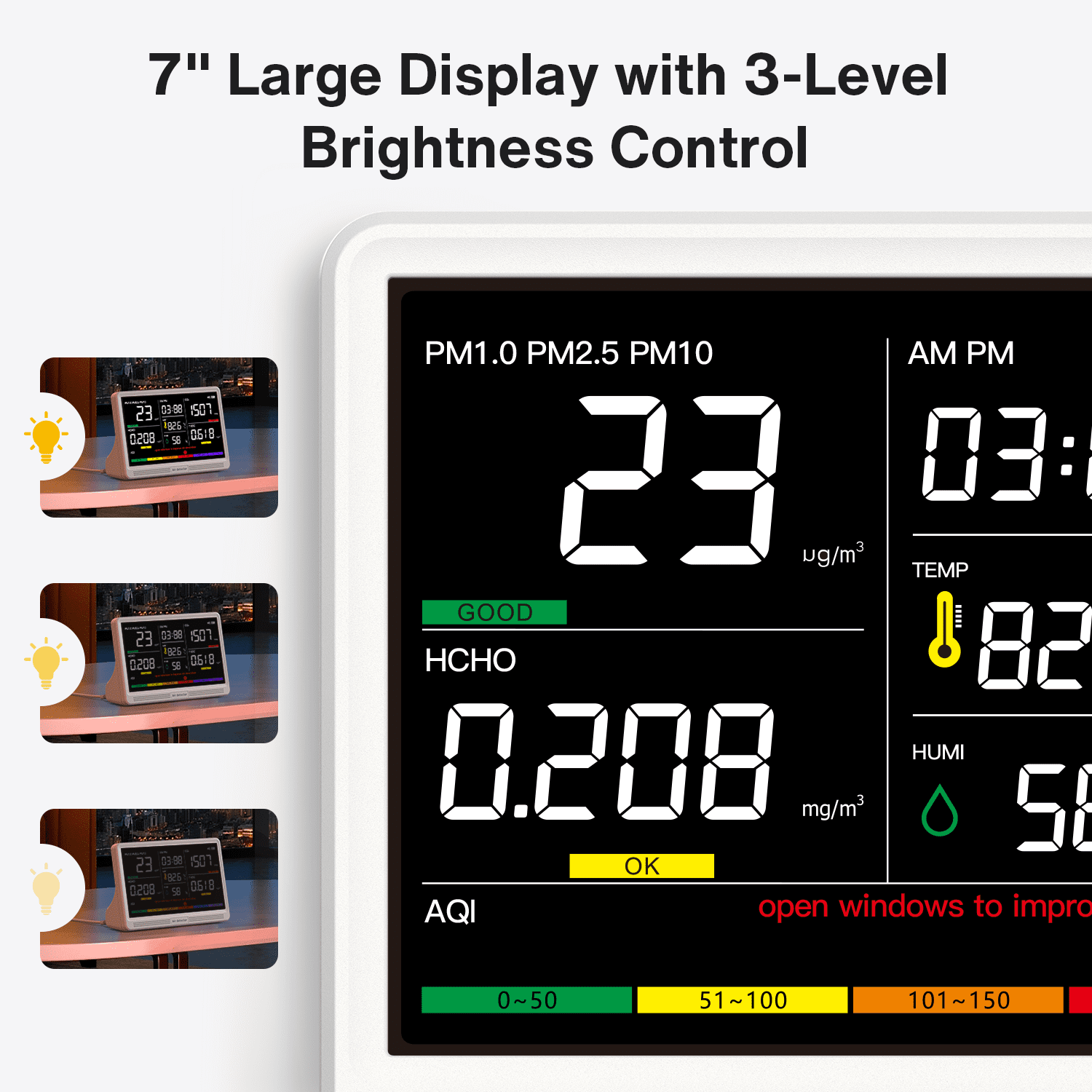 16 in 1 Air Quality Monitor Indoor 7" Display 9 AQI+7 AQI Alerts Air Quality Meter
