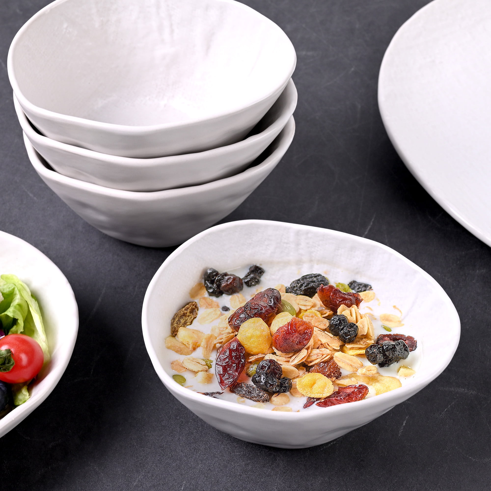 Linen Artisan Small Dessert Bowls Set of 4, Ceramic Dipping Bowls, 13.5 OZ Ice Cream Bowls for Kids, Mini Snack Bowls, Dishwasher & Microwave Safe, White, Small