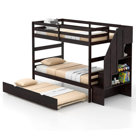 Infans Twin over Twin Wooden Bunk Bed w/ Trundle Storage Stairs Convertible Espresso