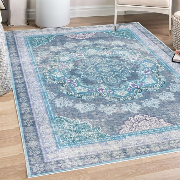 Vintage Decorative Rug, Nostalgic Weathered Style Print of Medallion Ornaments and Bohemian Flourishes, Quality Carpet for Bedroom Dorm and Living Room, 6 Sizes, Sea Blue Indigo, by Ambesonne