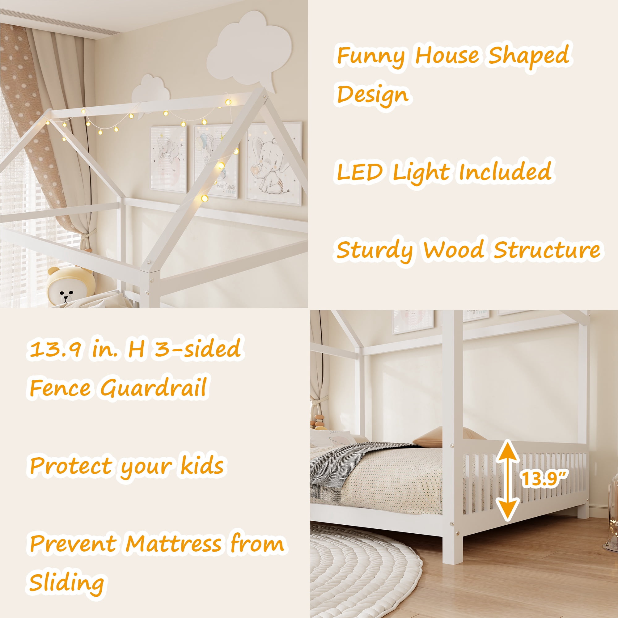Bellemave Full Size Wood House-Shaped Floor Bed with LED Light and Fence Guardrails, Montessori Floor Bed House Bed Frame with Roof  (Full, White)