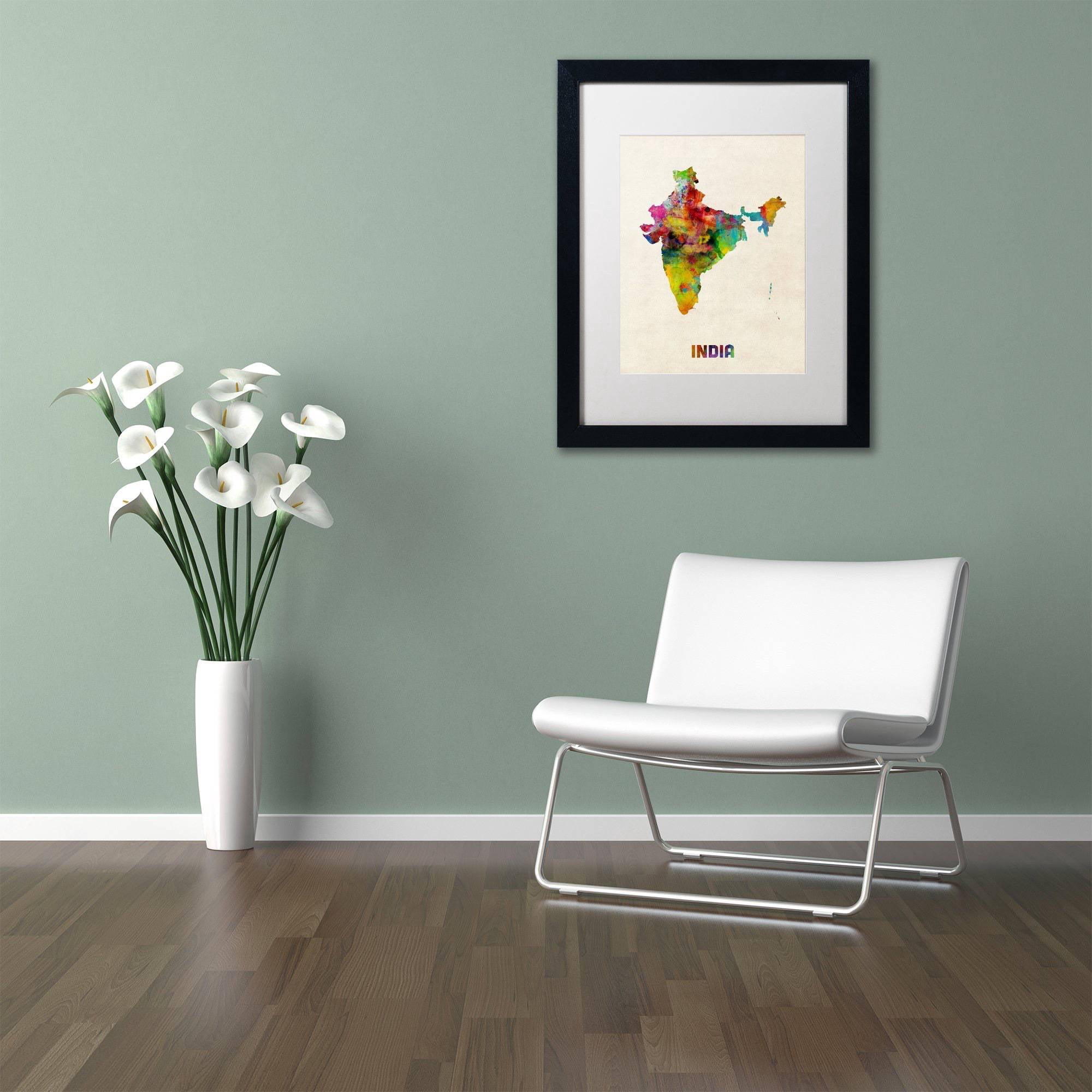 Trademark Fine Art 'India Watercolor Map' Canvas Art by Michael Tompsett, White Matte, Black Frame