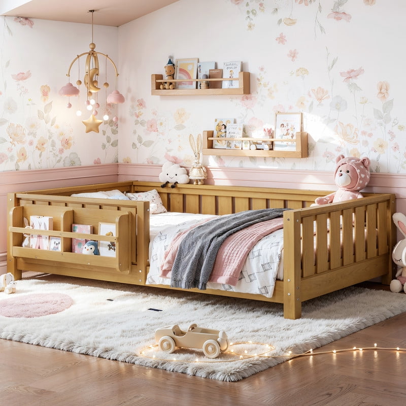 URTR Twin Size Montessori Floor Bed with Storage Bookshelf and High-Quality Safety Guardrail, Wooden Twin Floor Bed Frame, Low Profile Twin Bed with Fence and Headboard, Light Natural