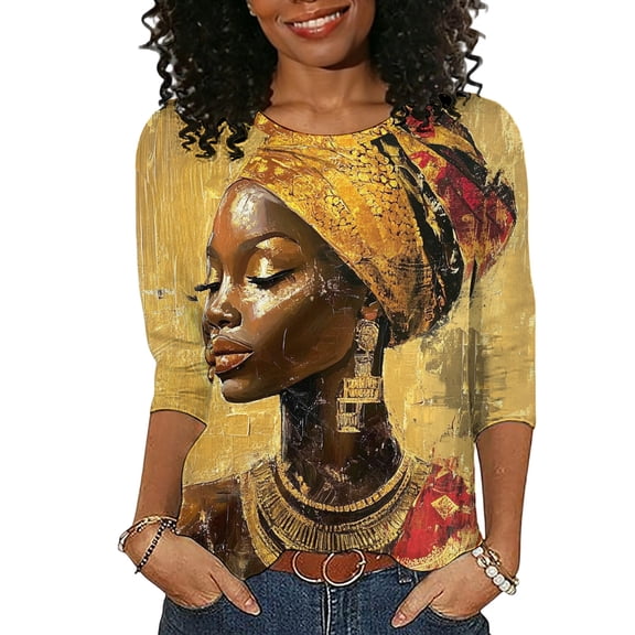 Staron Women's Black History Month Casual Print Round Neck 3/4 Sleeve Loose T-Shirt Top, M