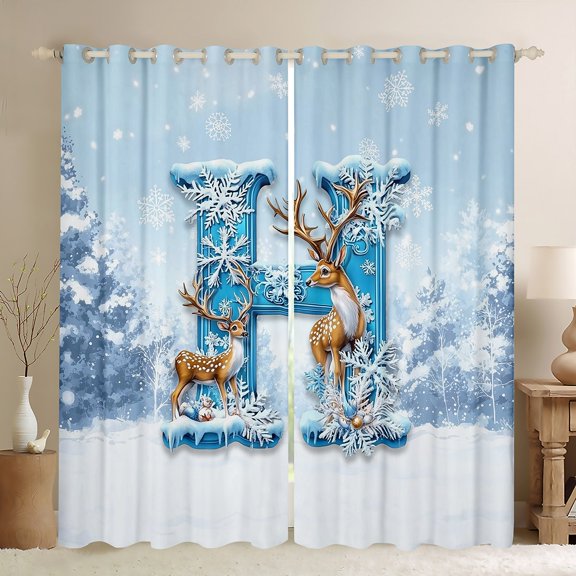 Homewish Xmas Blue Initial Alphabet H Black Out Curtains For Kids Teens Adults,Merry Christmas Deer Curtains Pack of 2 (42x63 Each),Happy New Year Bedroom Curtains,Breathable Home Decor
