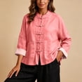 thumbnail image 6 of Nmnitkp Women's Cotton Linen Mandarin Collar Shirt Frog Button Contrast Cuffs Long Sleeve Loose Casual Top with Pockets for Fall Daily Work Loungewear Pink,M, 6 of 6