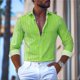 thumbnail image 3 of Camisa de hombre a rayas de 9 colores, informal, de negocios, para exteriores, primavera y verano, camisa de manga larga con solapa, diseño de botones de moda, 5XL, 3 of 5