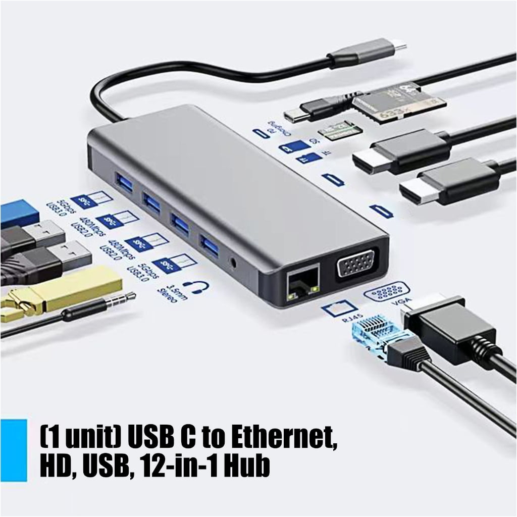 PatungKu Thin USB C Hubs Including Two Video Output Internet Connection USB Slots Storage Reader And Quick Power