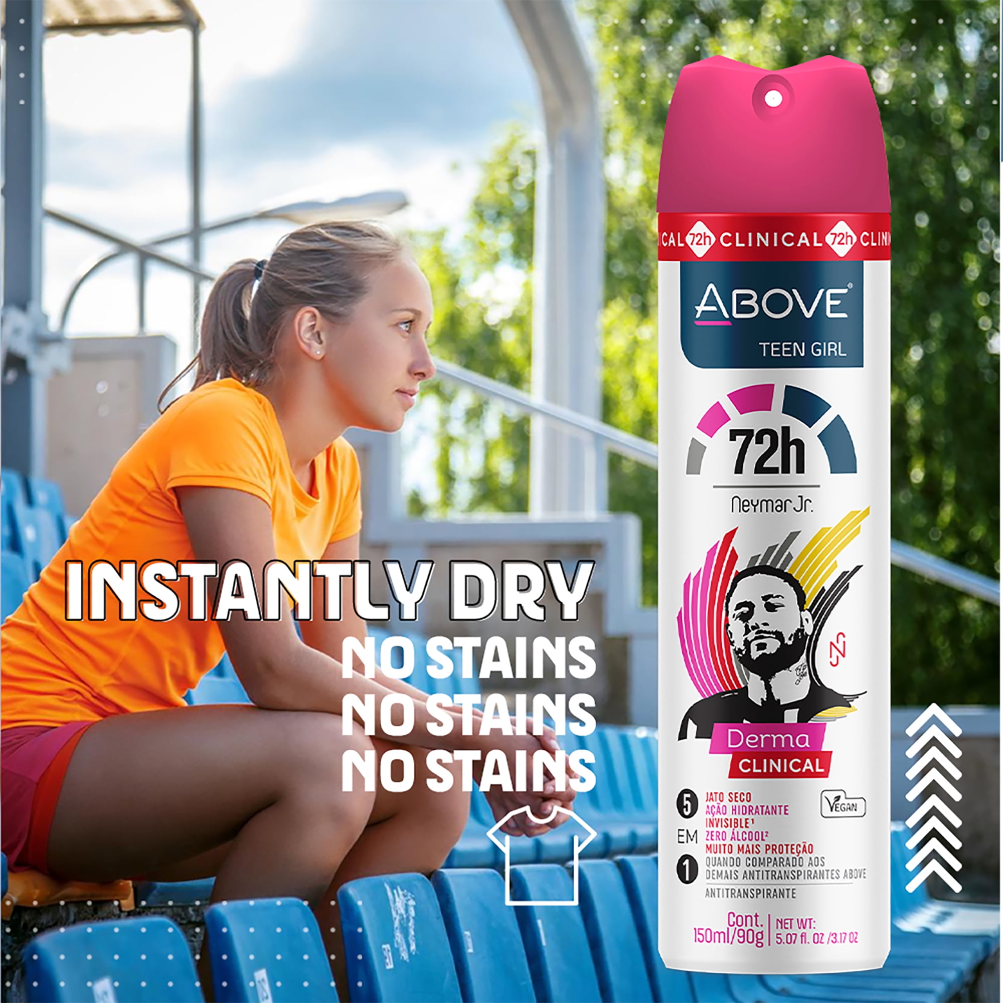 ABOVE Neymar Jr Teen Girl - 72 Hours Derma Clinical Antiperspirant Deodorant Spray - Notes of Red Fruits, Vanilla, and Fig Leaves - Moisturizing Action - Protects Underarms - 4 pc Set
