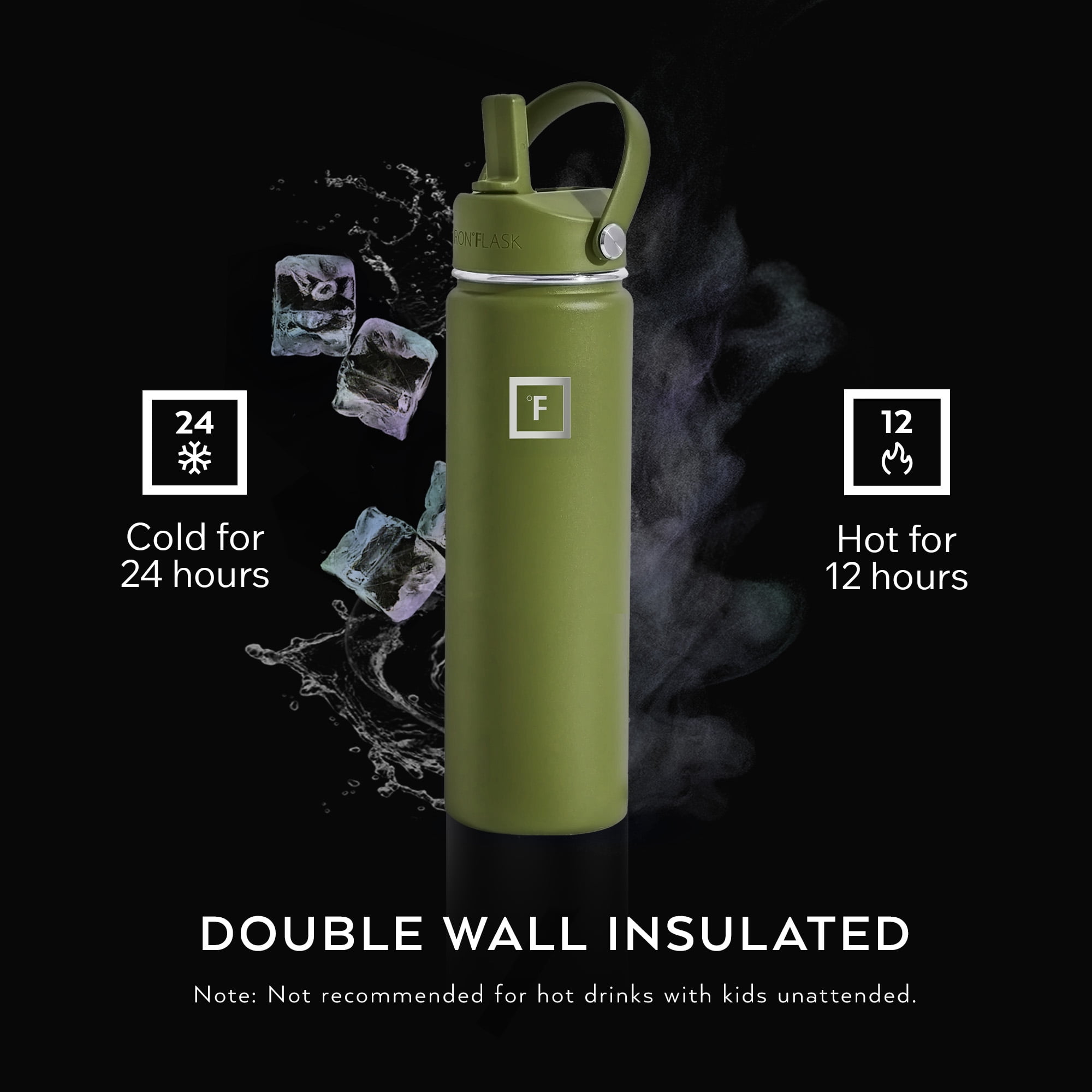 Iron Flask Stainless Steel Water Bottle 22 oz Olive Green with 3 Lids