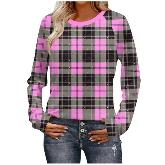 Buffalo Plaid Pullover Women's Round Neck Tops Casual Long Sleeve Shirts Tees Fashion 2025 Outfits Fall Winter Base Layers Soft Cozy Clothes